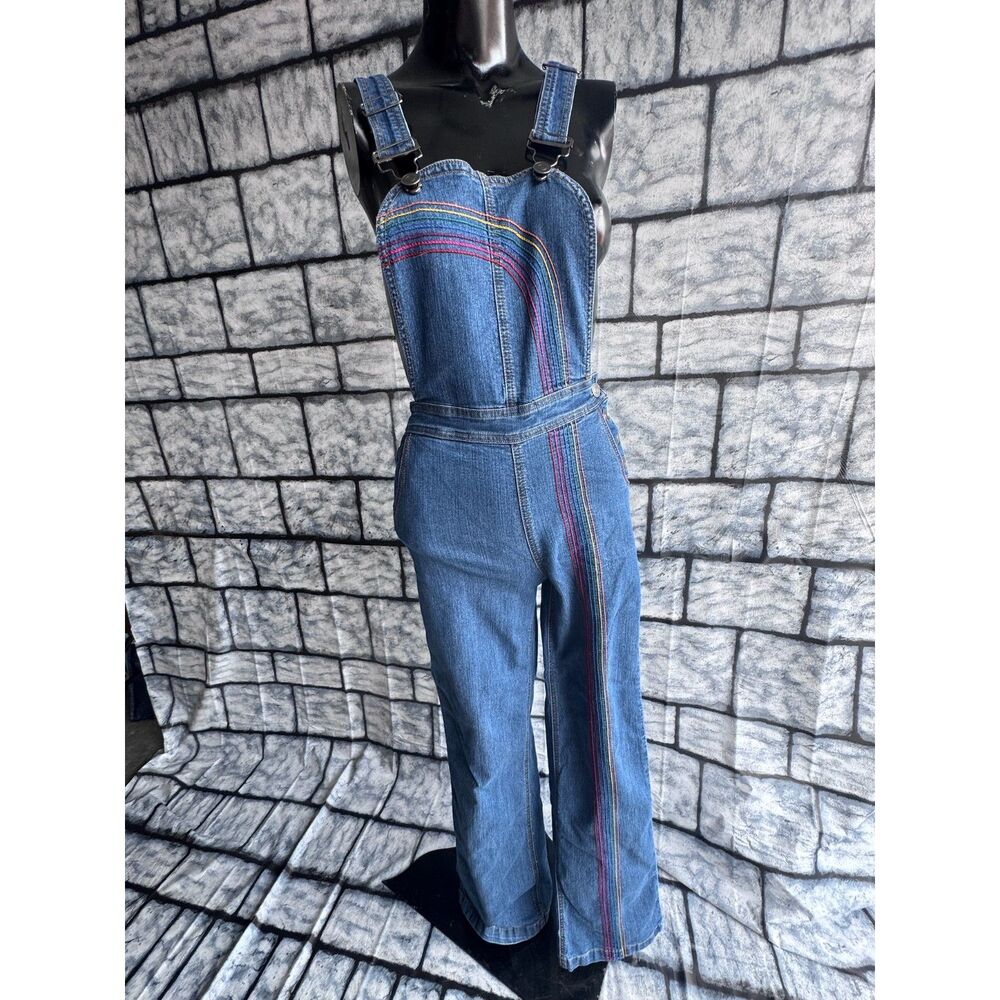 ModCloth Rainbow With Me Denim Overalls Women's Small Retro Rainbow Chainstitch!